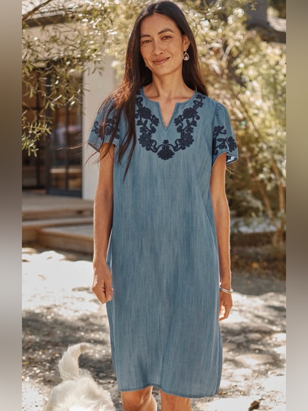 J. Jill Denim Midi Dress with Navy Embroidery